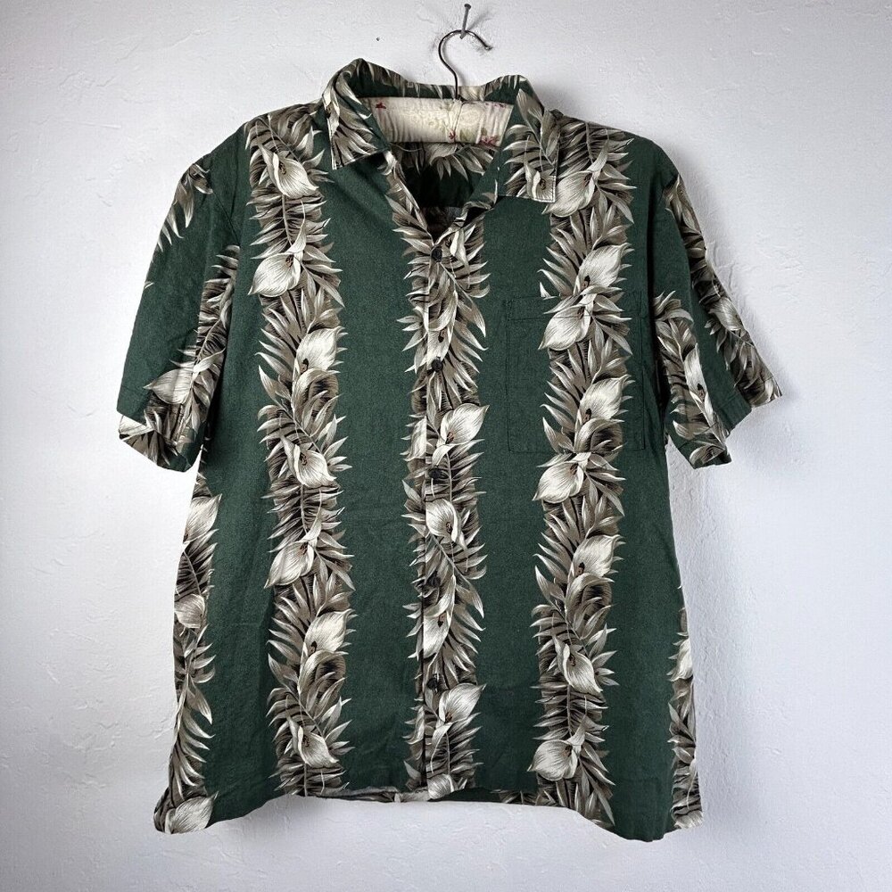 Norman James Mens Button Up Leaf Floral Hawaiian Shirt Large Green Short Sleveve